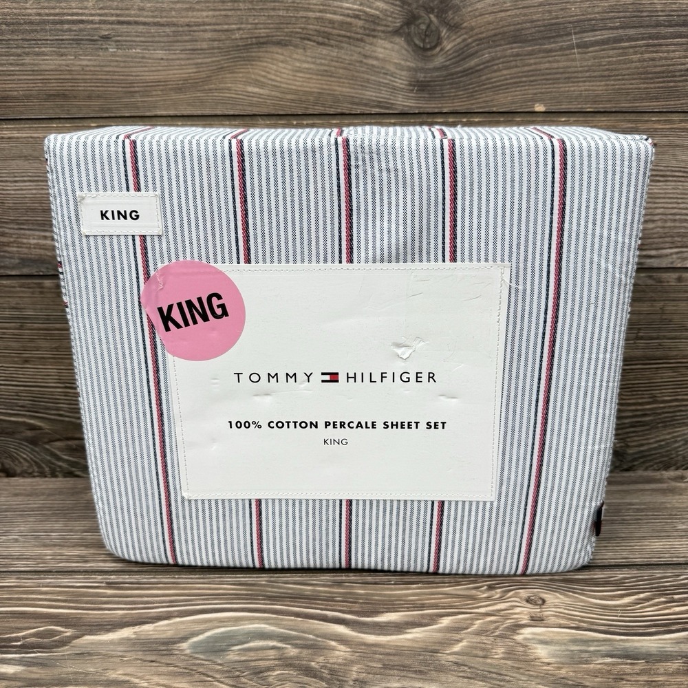 Tommy Hilfiger Ithaca Stripe KING Sheet Set 100% Cotton White Blue Red NEW